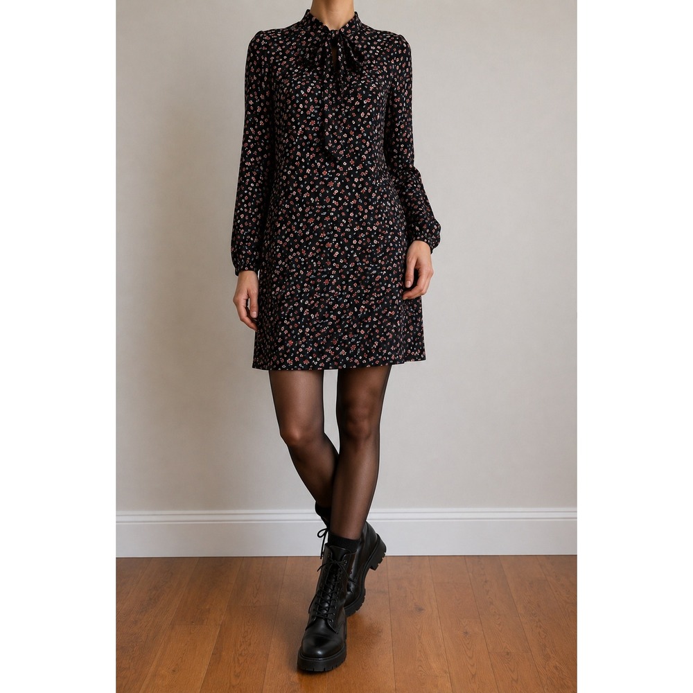 Whimsigoth Dark Ditsy Floral Bow Neck Mini Dress 6 Witchy Dark Academia Chiffon